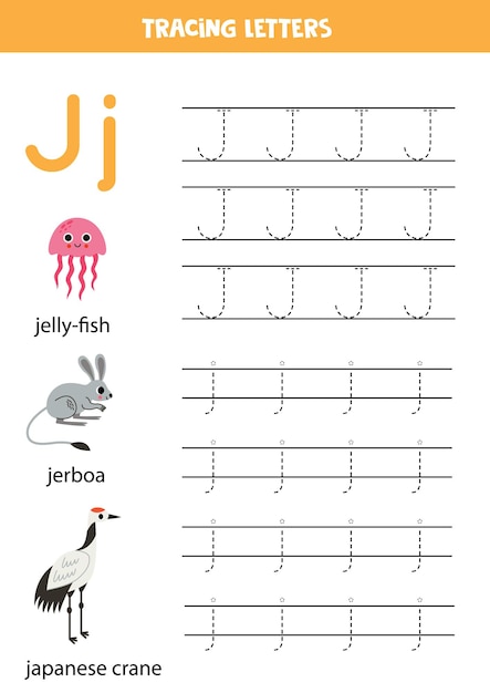 Vector dieren alfabet schrijven voor kleuters letter j is voor kwallen jerboa japanse kraan