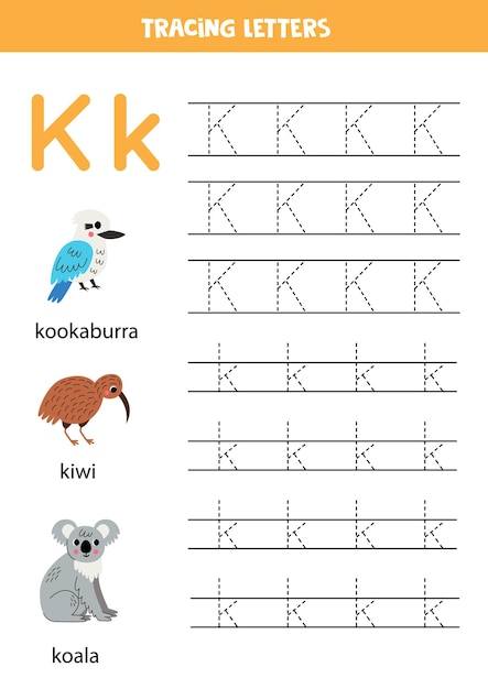 Vector dieren alfabet schrijven voor kleuters letter k is voor kookaburra kiwi kola