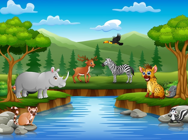 Dieren cartoon genieten van de natuur door de rivier