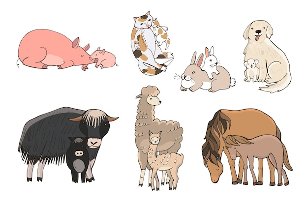 Dieren met baby's vector illustraties set