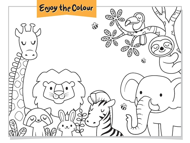 dieren met leeuw giraffe olifant zebra doodle kleurplaat