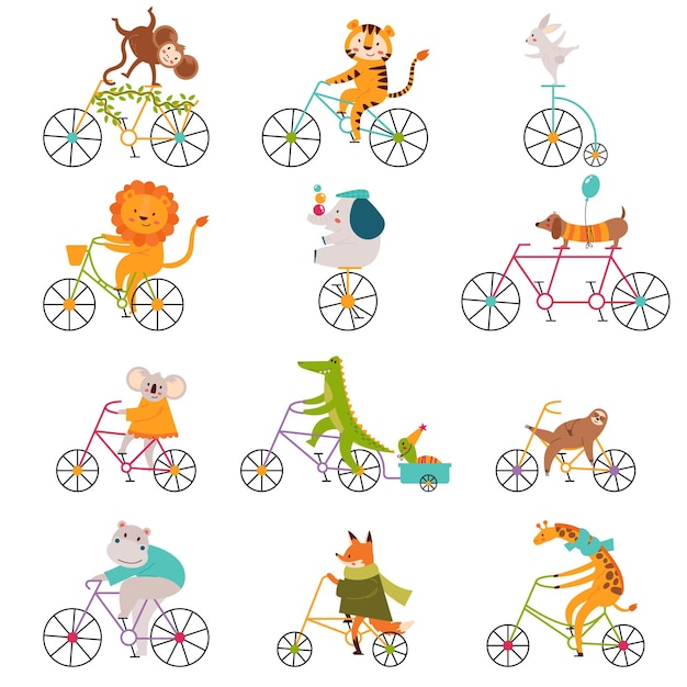 Dieren op de fiets plat pictogrammen instellen Verschillende wilde dieren rijden op de fiets Giraffe vos in vacht krokodil hond leeuw en konijn gaan sport Fietsen voor groepsrijden Kleur geïsoleerde illustraties