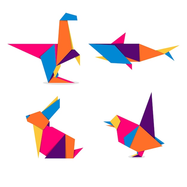 Vector dieren origami instellen. abstracte kleurrijke levendige dieren logo ontwerp. dieren origami