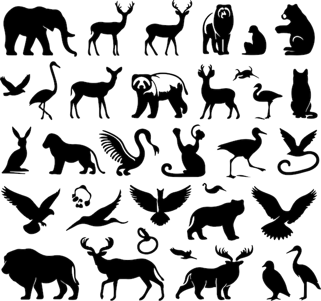 Vector dieren silhouet collectie set van zwarte dieren silhouet dieren iconen zoogdieren vissen insecten