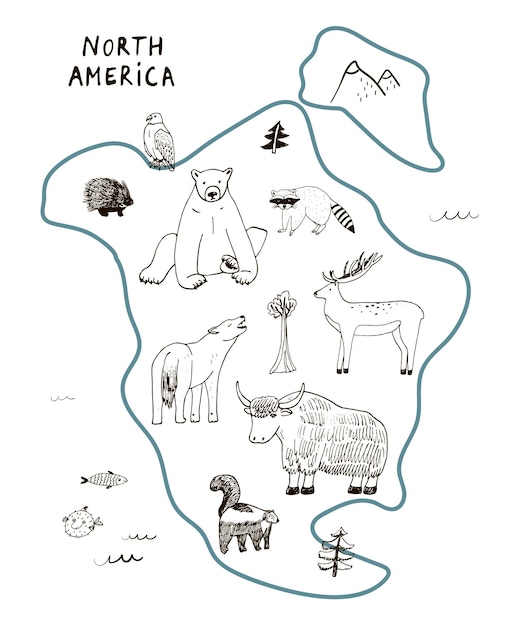 Dieren van noord-amerika vector kaart illustraties set