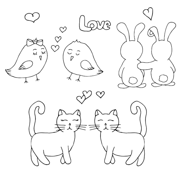 Dieren verliefde paren set vector illustratie handtekening doodles