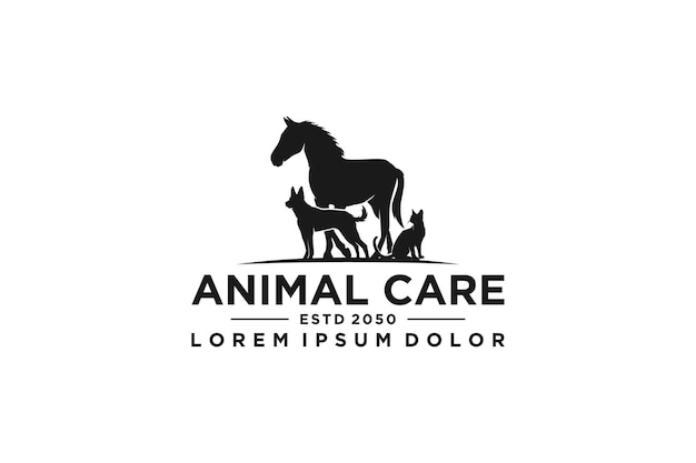 Dierenarts logo ontwerp met silhouet dier paard hond kat pictogram symbool silhouet dierenverzorging