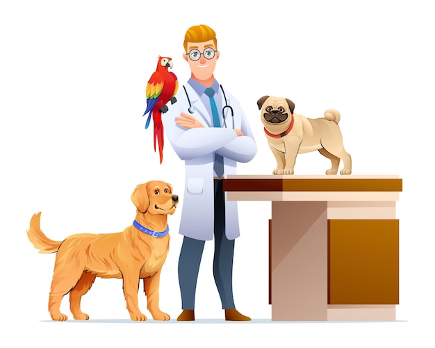 Dierenarts met honden en een illustratie van het papegaaivogelbeeldverhaal