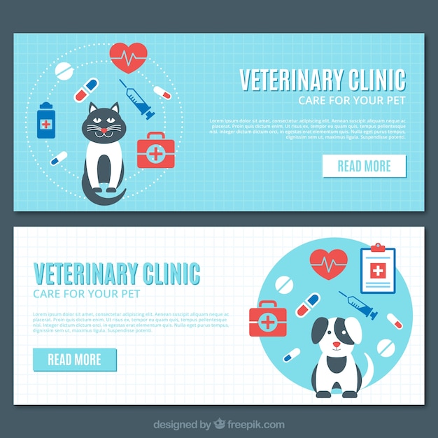 Vector dierenkliniek banners met dieren en medicijnen