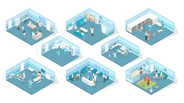 Dierenkliniek interieur met receptie, wachthal, onderzoeks- en operatiekamers. dierlijke behandeling. artsen en zieke huisdieren. geïsoleerde isometrische vectorillustratie
