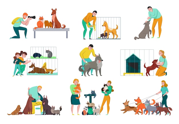 Dierenopvangset van geïsoleerde composities met menselijke karakters honden en katten met kooien en hondenhok vectorillustratie