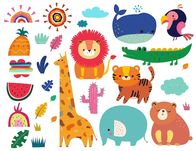 Vector dierentuin dieren collectie hand getekende ontwerp illustratie voor kinderen set met een leeuw giraffe walvis krokodil olifant tijger papegaai en exotische vruchten cartoon stijl