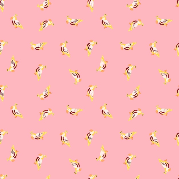 Dierentuin naadloos patroon met willekeurige kleine gele papegaaien print. Roze achtergrond. Abstracte dierlijke achtergrond. Ontworpen voor stofontwerp, textielprint, verpakking, omslag. Vector illustratie.