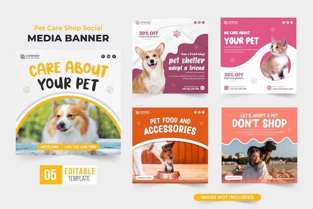 Dierenverzorgingswinkel social media post sjabloonverzameling voor marketing Huisdieradoptie promotionele webbanner set vector met tijdelijke aanduidingen voor foto's Dierenasiel en voedsel voor huisdieren poster bundelontwerp