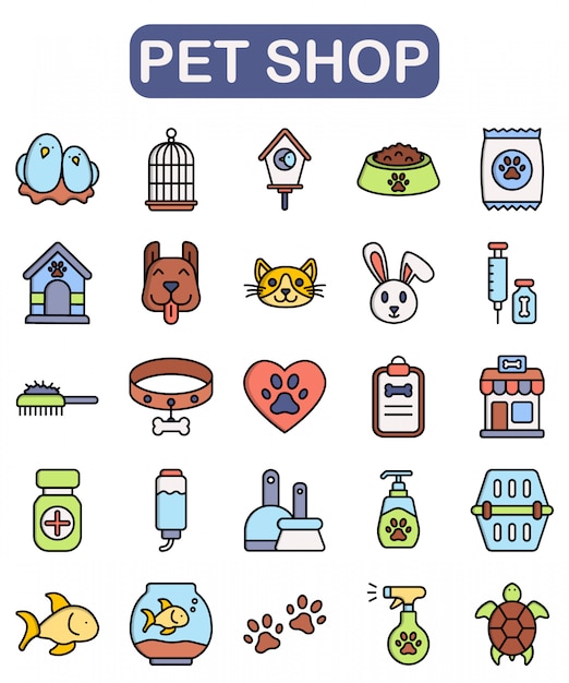 Vector dierenwinkel iconen set, lineaire kleurstijl premium