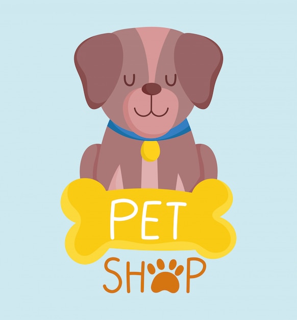 Dierenwinkel, kleine hond zittend met halsband en botten dierlijk beeldverhaal vectorillustratie