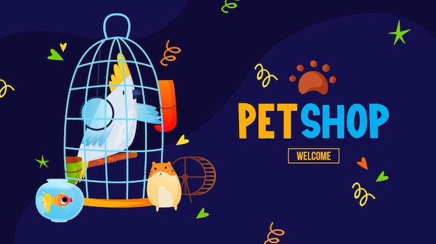 Dierenwinkel tekstlabel met papegaai hamster en aquarium