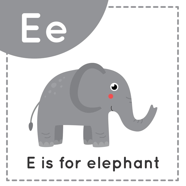 Dierlijke alfabet flashcard voor kinderen. Leerletter E. E is voor olifant.