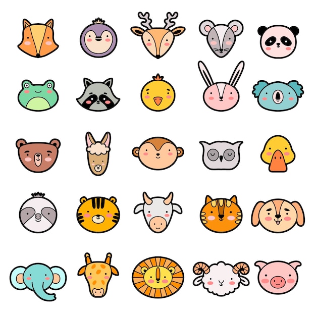 Dierlijke gezichten leuke kawaii hoofden verschillende uitdrukking emoticons wilde dieren set recente vector cartoon gestileerde set