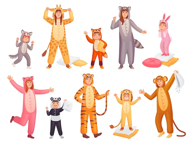 Dierlijke pyjama's Mensen in grappige pyjama's onesie sleepover kostuum pyjama party volwassene of kind persoon slaappak dieren karakter carnaval kostuums ingenieuze vectorillustratie