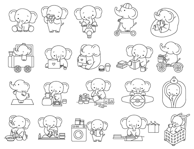 Vector dierlijke, tekenfilm, olifant, kawaii, schattige olifant, vector, patroon, zetten, pictograms, illustratie, baby, ch