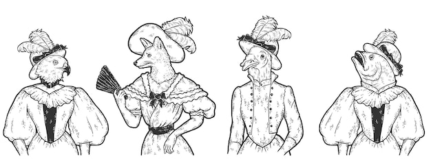 Dierlijke vrouwen set Vintage kleding vos vis vogel en kalkoen Vector illustratie schets