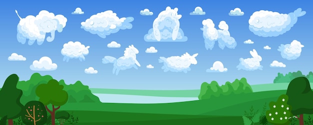 Dierlijke wolken gekleurde compositiewolken van bizarre vormen die op dieren lijken over de groene weide vectorillustratie