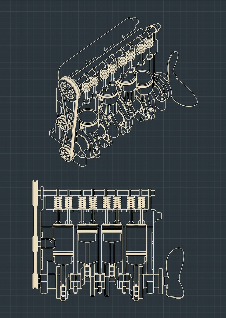 Vector diesel engine cutaway drawings