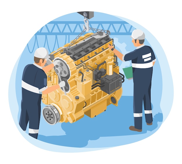 Diesel engine motor service maintenance team support concept isometric for industry and construction