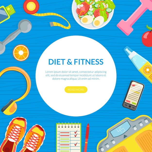 벡터 다이어트 및 피트니스 랜딩 페이지 템플릿 활성 라이프 스타일 및 건강한 식습관 모바일 앱 홈페이지 평평