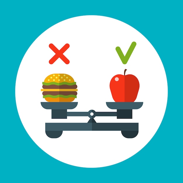 Diet food balance, healthy vector concept with apple and hamburger on scales