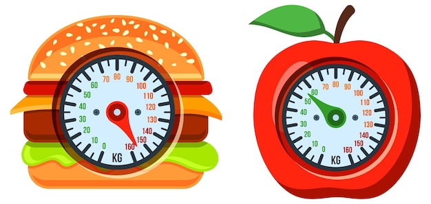 Diet and Obesity Concept for Mobile Applications Web Site Advertising with Hamburger Apple and Scales Icons