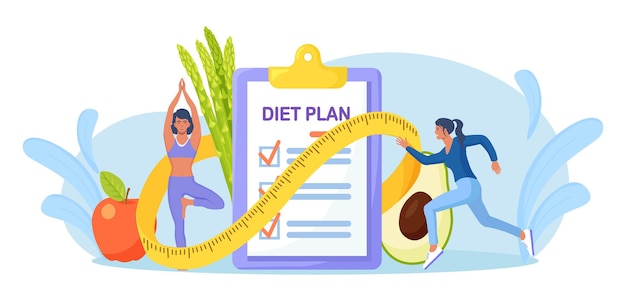 Diet plan checklist. People doing  exercise, training and planning diet with fruit and vegetable. Girl doing yoga. Nutrition weight loss diet, individual dietary. Health lifestyle, fitness