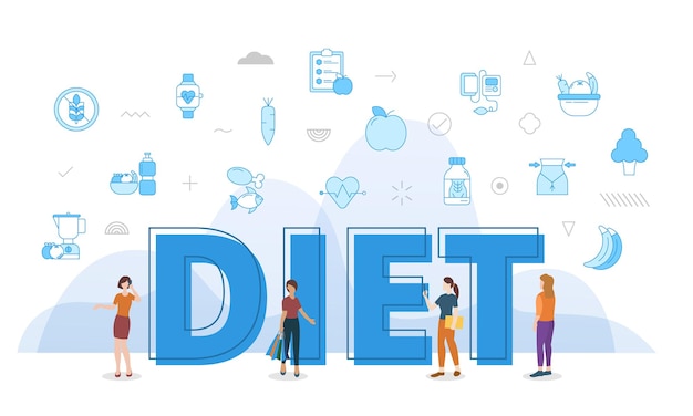 Diet plan concept with big words and people surrounded by related icon spreading with modern blue color style