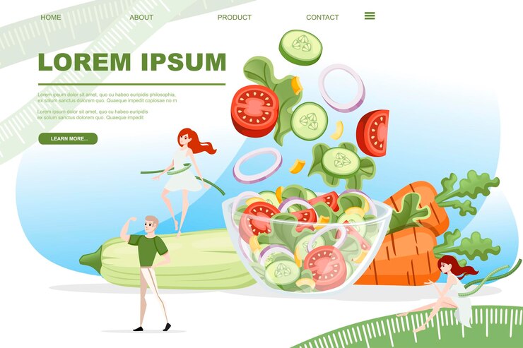 Diet plan concept with full bowl of vegetable salad and people around cartoon character design