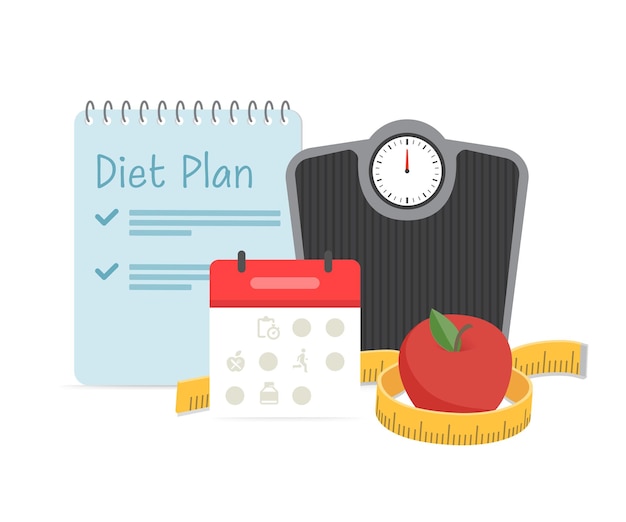 diet plan concept with scale and fruits stock illustration