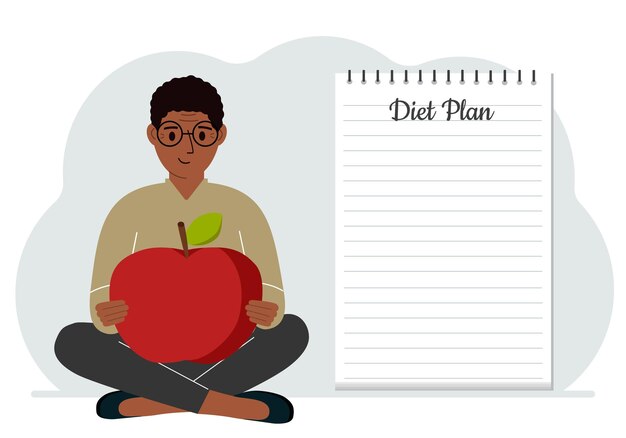 Diet plan illustration A man sits crosslegged and holds a large red apple The concept of diet food meal planning nutrition consultation