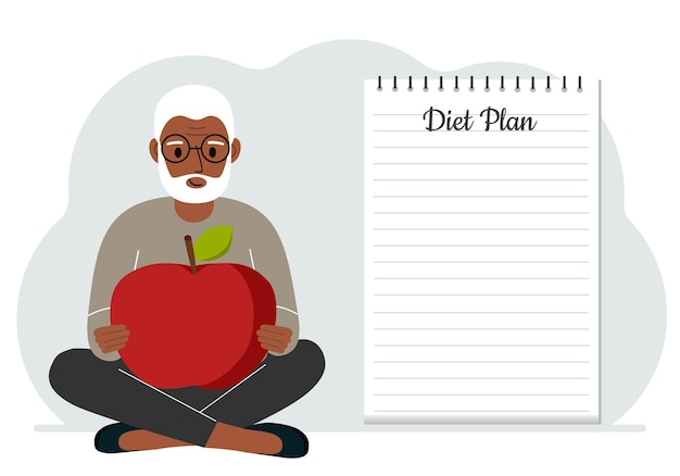 Illustrazione del piano dietetico un uomo siede a gambe incrociate e tiene una grande mela rossa il concetto di consulenza nutrizionale per la pianificazione del pasto alimentare