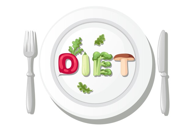 DIET style cartoon vegetable design on white plate with knife and fork flat vector illustration isolated on white backgroundÃÂÃÂÃÂÃÂÃÂÃÂÃÂÃÂ