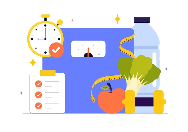 diet vector illustration featuring healthy meal guidance for selecting fresh vegetables fruits and balanced food in a flat style cartoon background