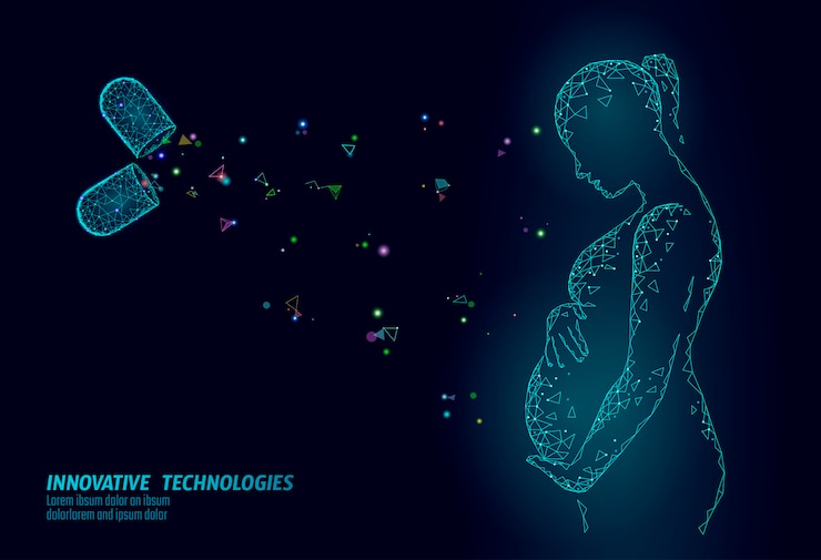 Vector dietary supplement vitamin pregnancy capsule. maternity health care drug medicine science chemistry innovation technology polygonal 3d render. woman belly silhouette illustration