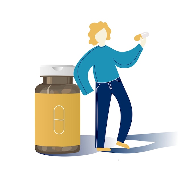 Dietary supplements, Character with capsule of vitamin, person with bottle of vitamins. Vector.