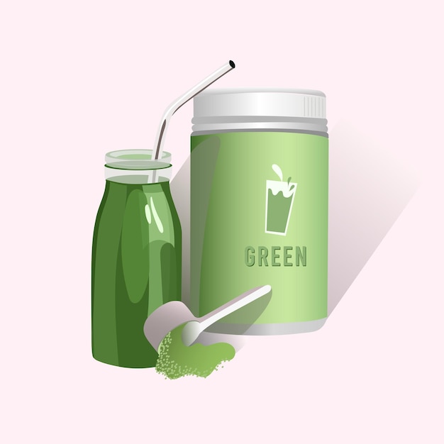 Dietary supplements, powder and smoothie, steel straw, Organic spirulina, collagen, spinach. Vector.