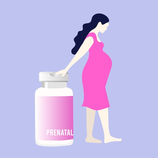 Dietary supplements, Prenatal vitamins, Pregnant woman, Daily health support. Vector illustration.