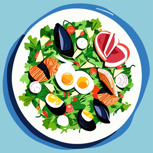 Vector diëtetische salade met mosselen kwartel eieren komkommers radijs en sla gezond voedsel op een bord