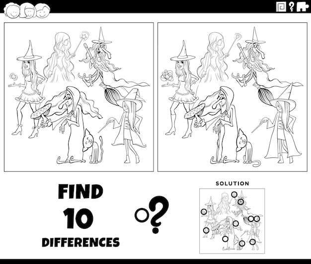 Differences activity with cartoon witches coloring page