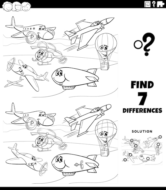 Differenze ducational game with flying machines coloring book page