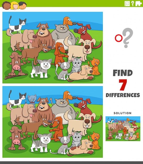 Differences educational game with comic cats and dogs