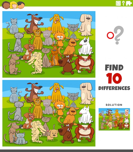 Vector differences educational task with comic cats and dogs