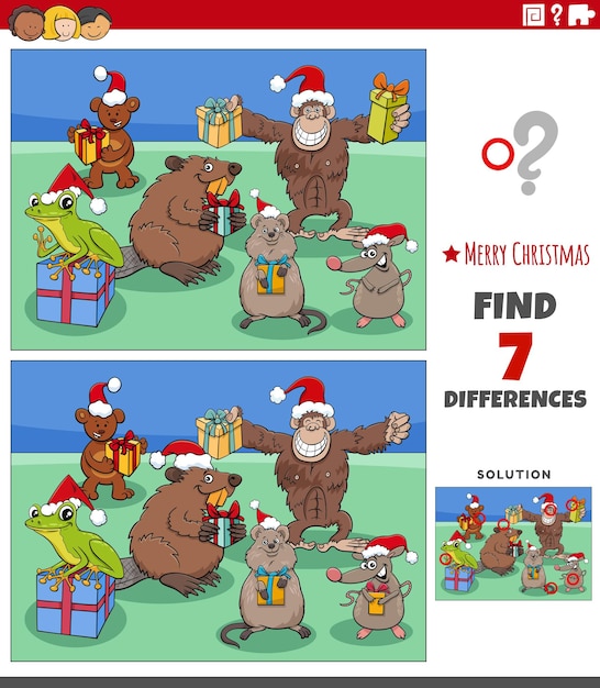 Differences game with animal characters on Christmas time